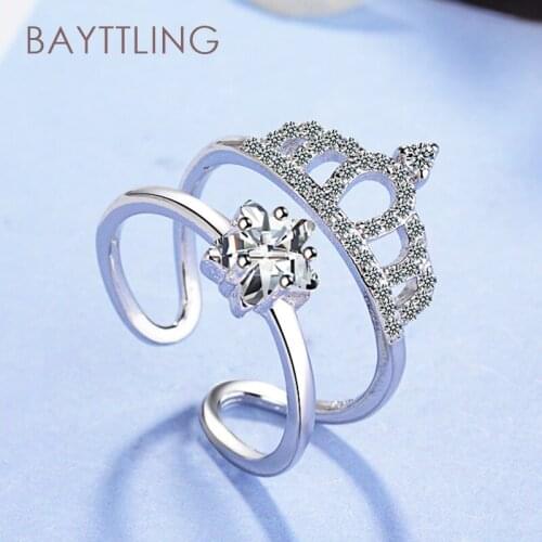BAYTTLING Hot Sale 925 Sterling Silver Luxury Star Crown Double Zircon Open Ring For Woman Party Wedding Jewelry Gift