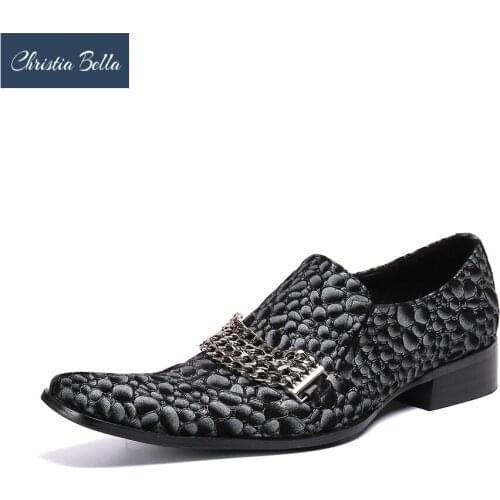 Christia Bella New Print Men Genuine Leather Shoes Chains Evening Party Male Dress Shoes Plus Size Formal Business Shoes Slip On
