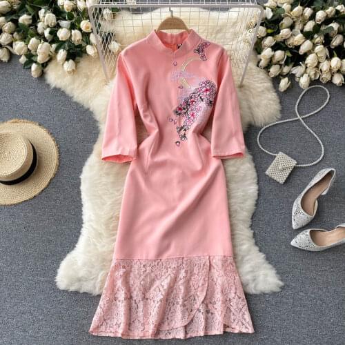 Chinese Traditional Long Dress Womens Cheongsam Qipao Vintage Elegant Party Evening Wedding Fishtail Slim Lace Dress