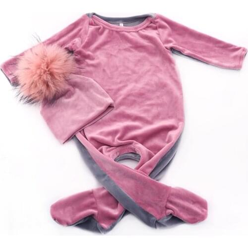 Baby Girls Thicker Velvet romper bodysuit real fur pompom hats set Soft Winter 0-12 month Baby Kids long sleeves Footies Clothes