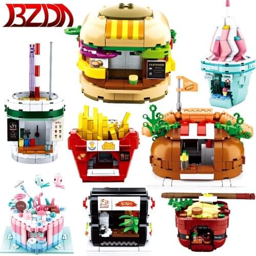 BZDA Creativity Food Court Building Blocks Burger House Bricks Hot Dog House Model Fries house Toys For Girls birthday gifts