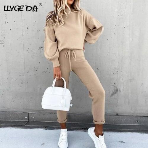 Solid Womens Tracksuit 2020 Winter Two Piece Set Women Fashion Long Sleeve Casual Sweatshirt and Elastic Pocket Trousers Suits