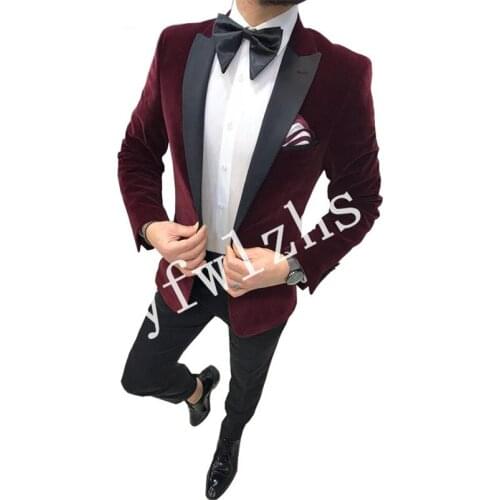 Handsome Velveteen Groomsmen Peak Lapel Groom Tuxedos Mens Wedding Dress Man Blazer Prom Dinner (Jacket+Pants+Tie) A225