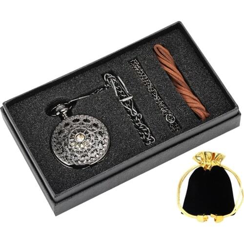 Hand-winding Mechanical Pocket Watch Necklace Chain Gifts Box Unisex Hollow Out Black Dial Durable Black Case Pocket Watch
