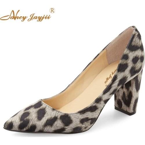 Leopard Woman Shoes Sexy Grey Suede Pumps High Square Heels Casual Pointed Toe Dress Zapatos Mujer Tacon Sapato Nancyjayjii 4-16