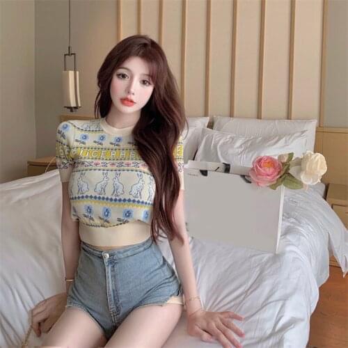 Casual Woman Sweaters Summer Clothes Streetwear Vintage Chic Jacquard Pullover Sweater Women Tops