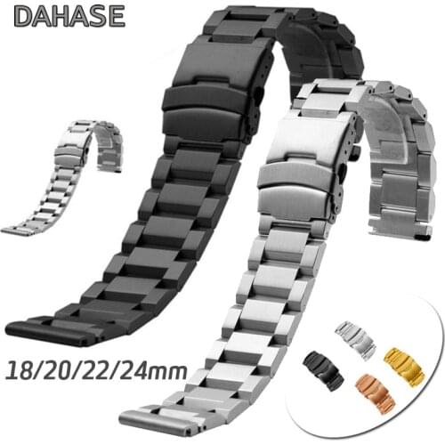 Stainless Steel Watch Band 18mm 20mm 22mm 24mm Solid Double Insurance Metal Buckle Watch Strap Wristband Bracelet w Pins
