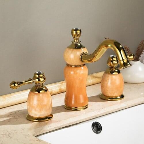 Luxury Gold Brass Natural jade Bathroom Sink Faucet Golden Art Basin Mixer Taps Three holes Lavatory Faucet,Gold Finish--SM519