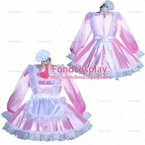 Fondcosplay adult sexy cross dressing sissy maid short French pink Satin Lockable Dress white apron CD/TV Tailor-Made [G3931]