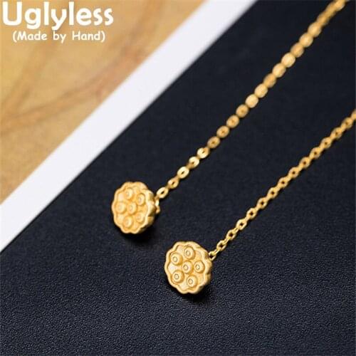 Uglyless China Chic Lotus Long Ear Lines for Women Elegant Ethnic Gold Earrings Real 925 Sterling Silver Vintage Dress Jewelry