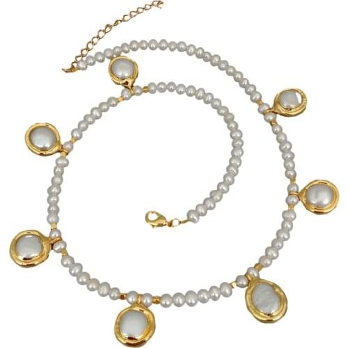 YYGEM Freshwater Cultured White Pearl Necklace White Coin Pearl Charm 18.5"