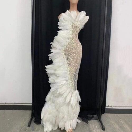 White Feather Pearl Rhinestones Transparent Long Dress Women Birthday Party Prom Celebrate Outfit Singer Model Catwalk Costume