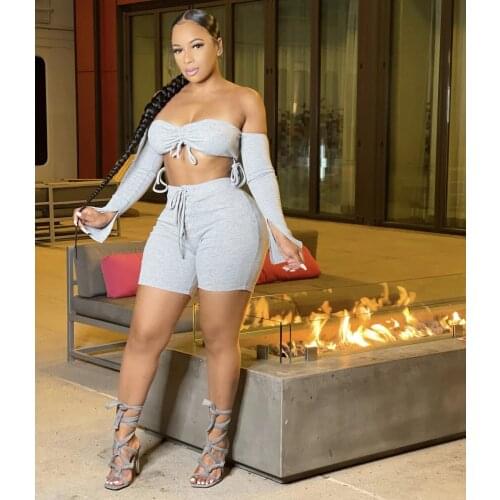 Casual Grey Solid Drawstring Short Two Piece Set Women Sexy Off the Shoulder Lace Up Crop Top + Shorts Slim Matching Set Outfits