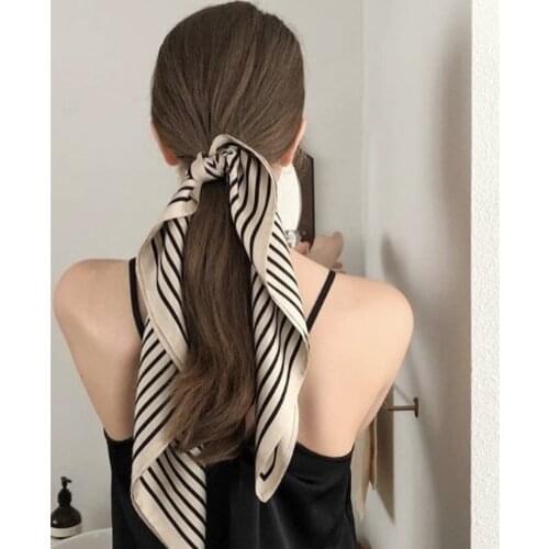 Luna&Dolphin Women Retro Sunscreen Small Silk Scarf 70x70cm Beige Strip Chiffon Headbands Bandana Bag Ribbon Neckerchief Hijab