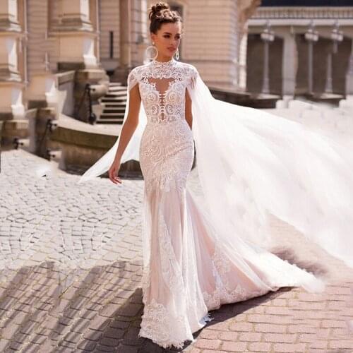 Mermaid Wedding Dresses With Cape 2021 Sheer O-Neck Gorgeous Lace Tulle Light Champagne Bridal Gown Button Back Sweep Train