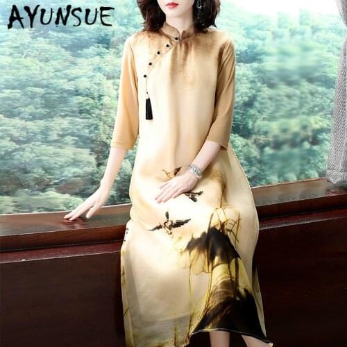 Real Silk Organza Dress Women Spring Summer Dress Vintage Midi Dress Korean Elegant Party Dress Vestidos Robe Femme 683 YY2657