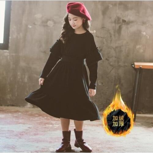 Winter Girls Dress Teen Girl Black Ruched Warm Long Causale Dresses Children Thicken Dresses Loose Kids Clothing 8 10 12 14Year