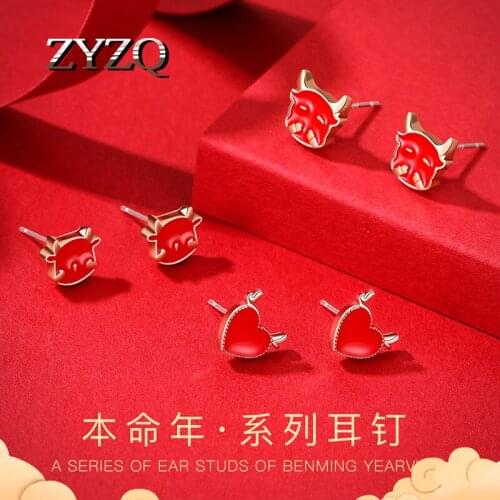 ZYZQ Cute Cartoon Red Bull Head Stud Earrings Female Simple Small Rhinestone Animal Zodiac New Year Cow Earrings Jewelry