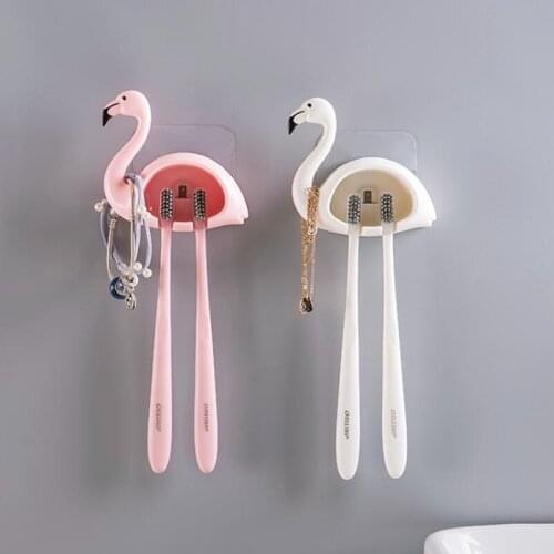 1PC Toothbrush Holder Storage Rack Flamingo Shaped Stand Sucker 2 Position Suction Hooks Wall Mounted Bathroom Accessories