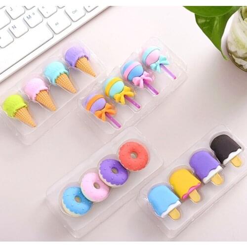4pcs Yummy Dessert Erasers Set Mini Lollipop Icecream Popsicle Donuts Rubber Pencil Eraser for Kids School Student Award