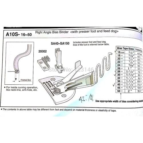 A10S 30 MM1-3/16 FINISHED SIZE 8.0MM MADE IN TAIWAN LOCKSTITCH RIGHT ANGLE TAPE BIAS BINDER (with presser foot and feet dog)