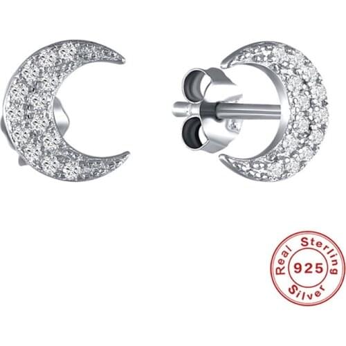 White Round Zircon Small Earrings Female Cute Moon Stud Earrings For Women Real 925 Sterling Silver Vintage Yellow Gold Earrings