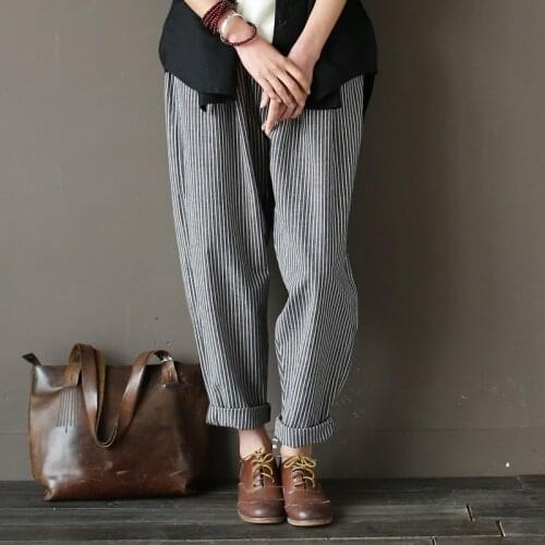 Women Cotton Linen Harem Pants Spring Summer Loose Trousers Vintage Vertical Striped Pants