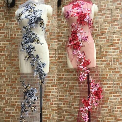 2Pcs/Set BLue Red Gray Flower Embroidery Big Patch Flowers Wedding Motifs Flower Lace Applique For Women Wedding Dress Decoratio