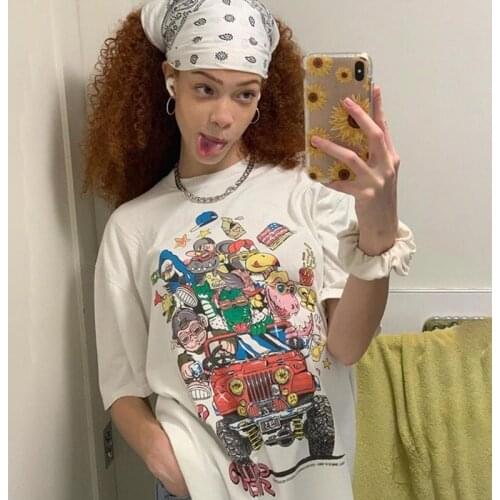 Dinosaur Cartoon Print Cotton T Shirt Women Summer O Neck Loose Short Sleeve T-shirts Femme Casual Streetwear Oversize Tops 2021