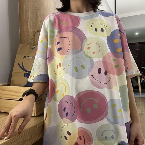 EasyCore White Girl Smile Face Big Size T-shirt Half Sleeve Long Baggy Tops