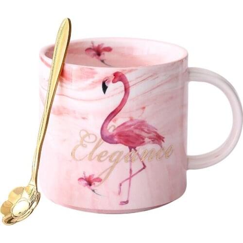 Flamingo Cup Coffee Mug 300-400ML Lid and Spoon Ceramic Cup Gift for Girlfriend Wife Birthday couples Cups for Lover Ins style