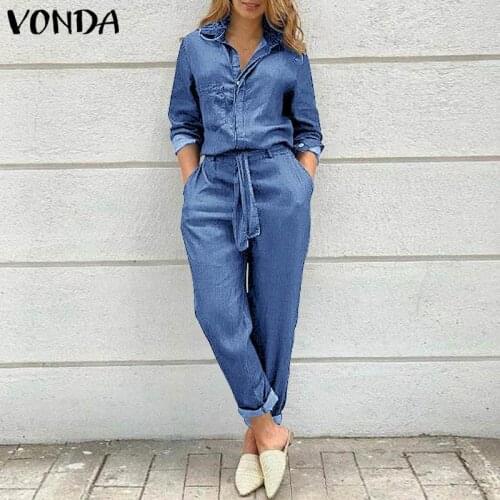 Women Long Sleeve Lapel Button Up Jumpsuit Spring Autumn Denim Playsuits VONDA 2021 Ladies Pantalon Femme Office Overalls