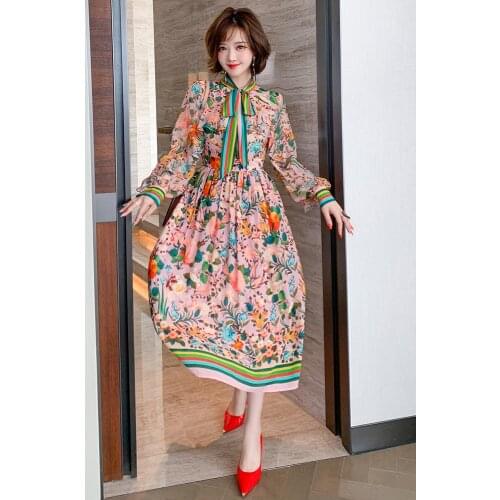 Contrast striped bow tie stitched Ruffle print dress for women 2021 Spring new