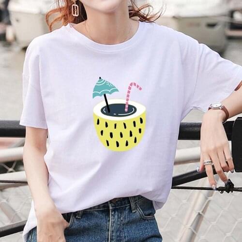 Summer Womens T-shirt Drink Short Sleeved Hawaii T Shirt Harajuku Top White Cartoon Top Funny Girl Aesthetic Clothes 90s