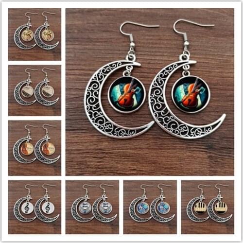 Musical instruments clarinet guitar flute violin music pendant earrings musical notes music glass dome jewelry earrings