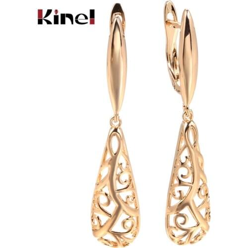 Kinel New Hollow Flower 585 Rose Gold Long Earrings Women Boho Retro Fashion Wedding Jewelry Gift Water Drop Dangle Earrings
