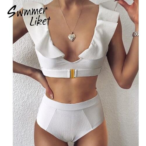 Solid white woman swimsuit separate Sexy two piece Deep v bikini 2020 Ruffle swimwear women High waist bathing suit New biquini