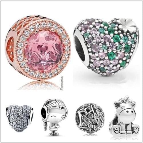 Original 925 Sterling Silver Lucky Four-leaf Clover Heart With Crystal Charm Beads Fit Pandora Bracelet & Necklace Jewelry