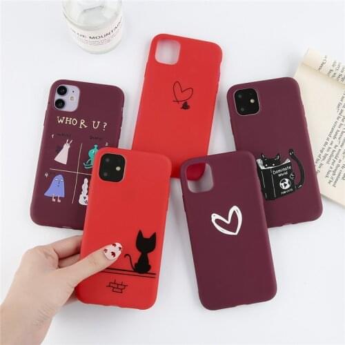 Ottwn Plain Color Cartoon Cats Love Heart Phone Case For iPhone 11 12Pro X XR XS Max SE 2020 7 8 Plus 6 6s 5 Shockproof Soft TPU