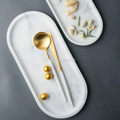 Oval Shape White Marble Fish Dish Long Sushi Plate Ceramic Marble Designed Tableware