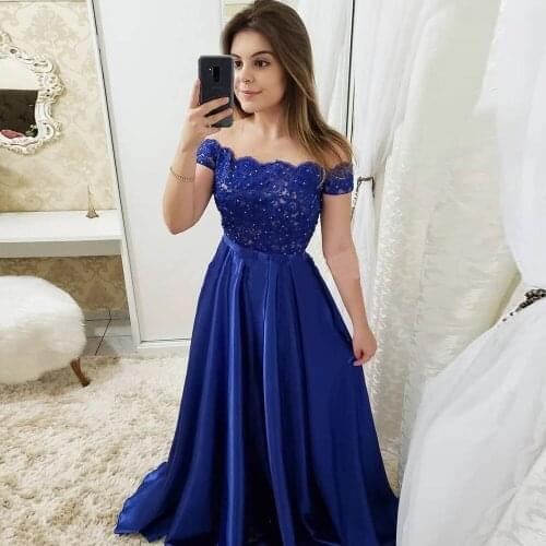 Sexy Off the Shoulder Beaded Appliques Prom Dresses vestidos de fiesta de noche largos elegantes Formal Satin Evening Prom Gowns