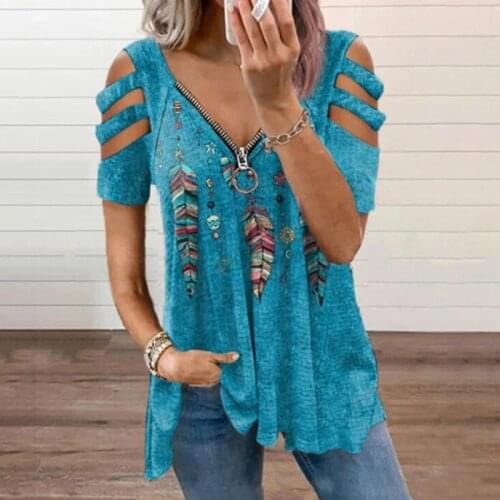 Women Fashion V-Neck Zipper Tee Print T Shirt Short Sleeve Off-Shoulder Tops Casual T Shirts Camisetas De Mujer