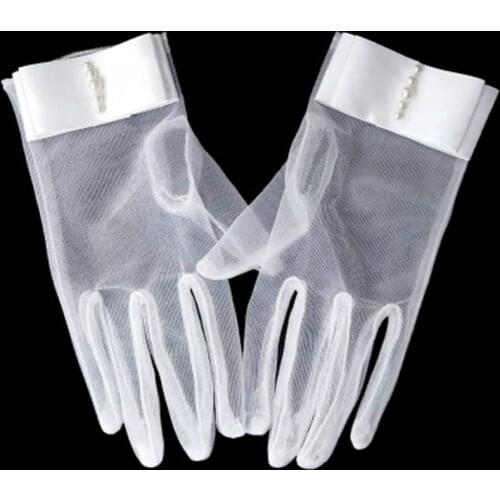 Summer Sunscreen Rhinestone Dress Gloves Female Short Bow Pearl Full Finger Cycling Lace Gloves Woman Anti-UV Driving Gloves K12