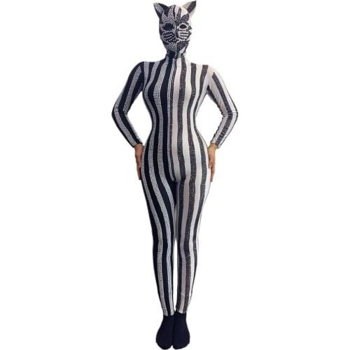 Women Halloween Performance Costumes Festival Outfit Nightclub Party Cosplay Clothing Bodycon Stretch Rhinestone Jumpsuits