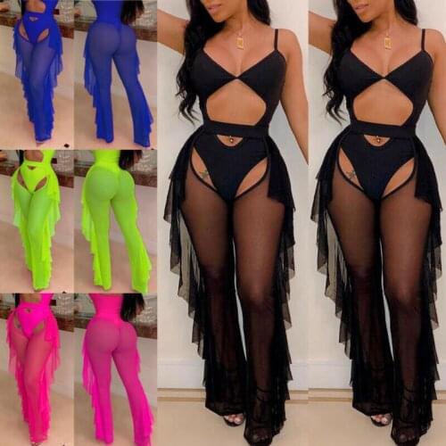 2020 Sexy Women See-through Pants Bikini Cover Up Mesh Ruffle Bottoms Solid Color Loose Trousers Beachwear Swimwear Swimsuit