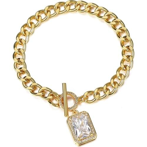 2021 New Fashion Shining Zircon Rectangle Cube Pendant Bracelet Curb Cuban Link Chain Crystal Charms Women Jewelry 7inch GB475