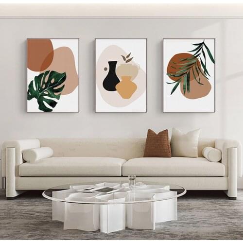 Abstract Line Brown Canvas Picture Green Plant Leaf Wall Art Minimalist Print Painting Nordic Poster Modern Living Room Decor