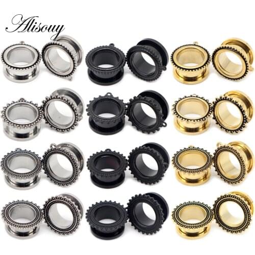 Alisouy 2 pc 316L Stainless Steel Ear Plugs and Tunnels with DIY Hole Screwed Earring Expander Ear Gauges Body Jewelry Piercings