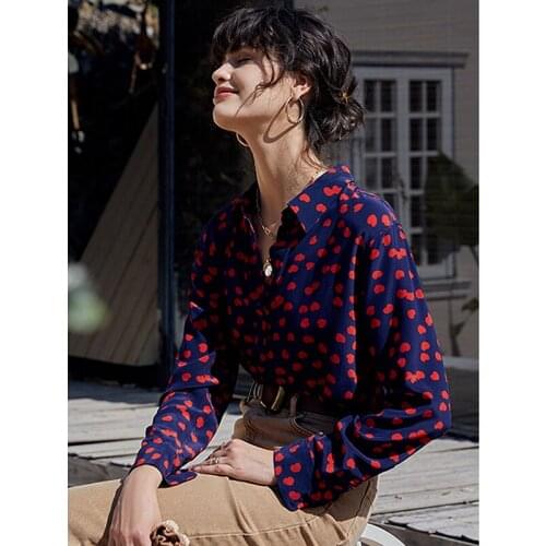 Blouse Women Sweet Style High Quality 100% Silk Printed Turn-down Collar Long Sleeves Straight Short Shirt Ladies New Fashion