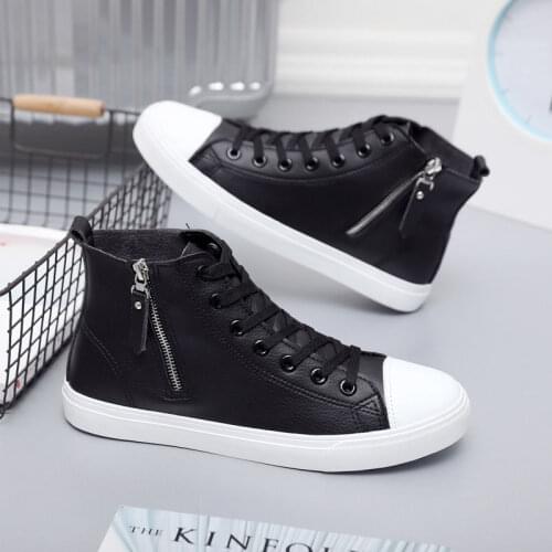 Student unisex autumn winter ankle boots genuine leather casual sneakers mens shoes korean zipper platform boots
